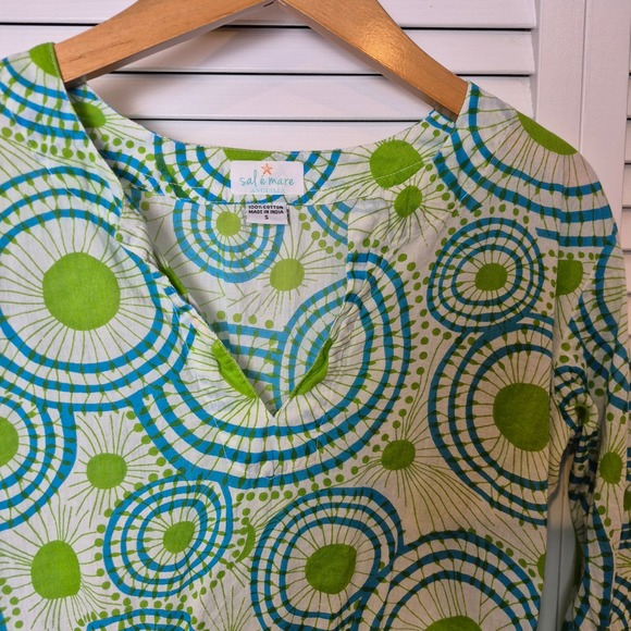 Sal e Mare Anguilla Tunic Top Green Blue Circle Long Sleeve Womens S Resortwear - Picture 2 of 8